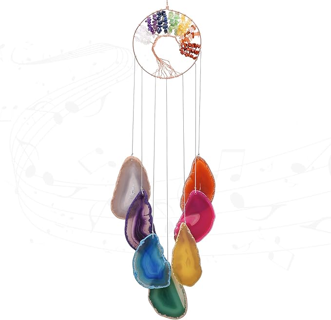 Yoption 7 Chakra Healing Stone Tree of Life Memorial Wind Chime, Natural Crystal Agate Slices Windchimes for Indoor Outdoor Decoration Ornament, 18-19 inch