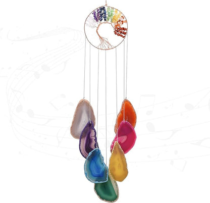 Yoption 7 Chakra Healing Stone Tree of Life Memorial Wind Chime, Natural Crystal Agate Slices Windchimes for Indoor Outdoor Decoration Ornament, 18-19 inch