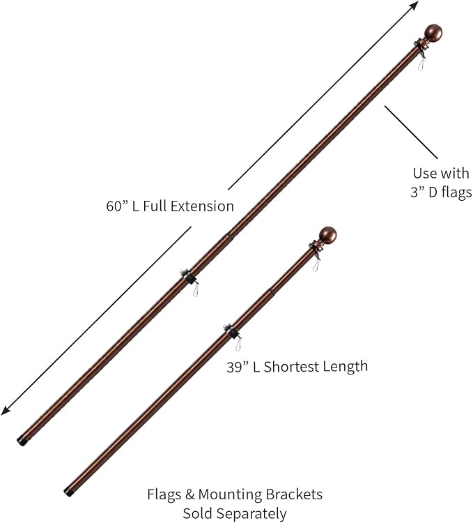 Evergreen Flag Telescoping 5ft Metal Flag Pole | Incl Two Tangle-Free Ring Clips | Bronze | Wall Mounted for Home Garden Outdoor | House and 3'x5' American Flags with Pole Sleeve or Grommets