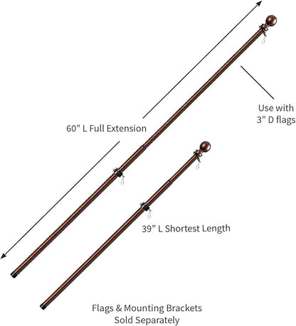 Evergreen Flag Telescoping 5ft Metal Flag Pole | Incl Two Tangle-Free Ring Clips | Bronze | Wall Mounted for Home Garden Outdoor | House and 3'x5' American Flags with Pole Sleeve or Grommets
