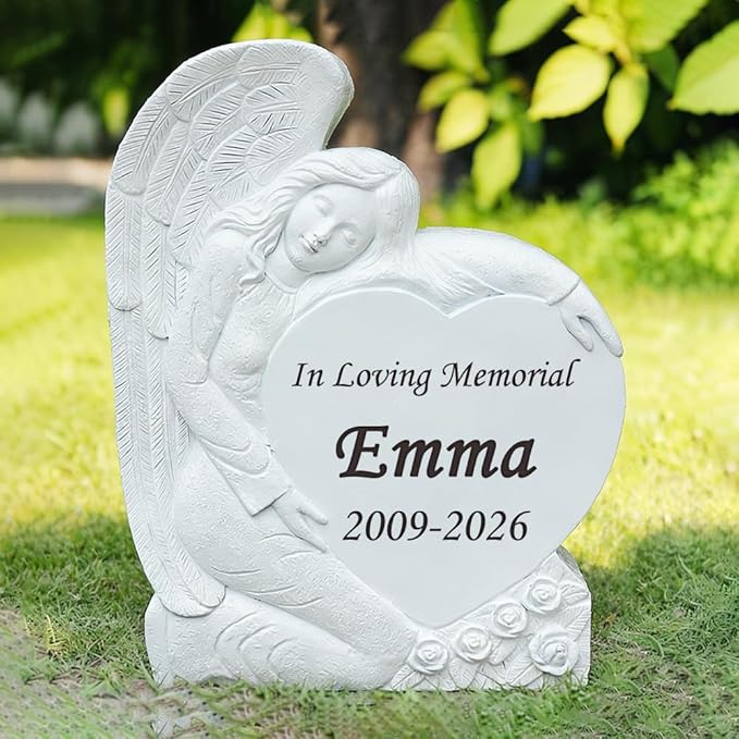 Personalized Memorial Garden Stones Angel Stones Engraved with Any Word - Outdoor Grave Markers Cemetery Stones Memorial Plaques with Angel Statue for Sympathy Gifts