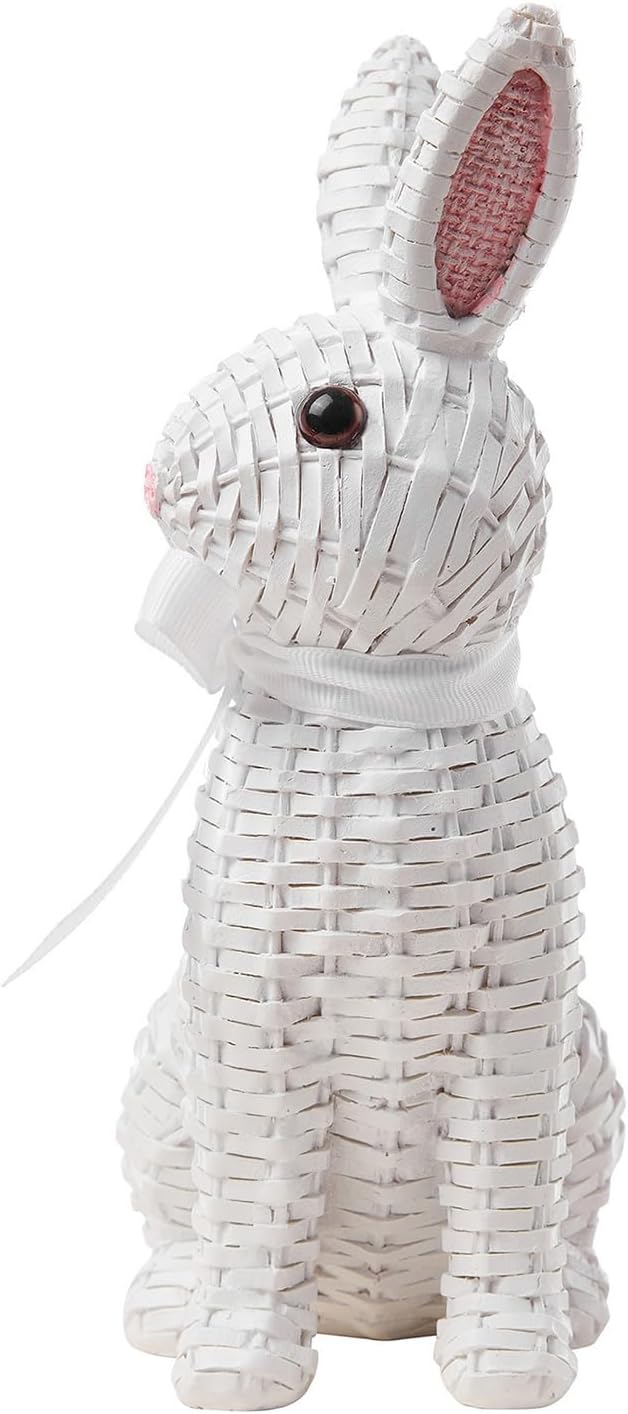 Rattan Rabbit Woven Rabbit Bow Resin Ornaments for Home Courtyard Lawn Tabletop and Easter Decoration to Enhance The Easter Atmosphere Preferred Easter Gifts (8.1in White Station)