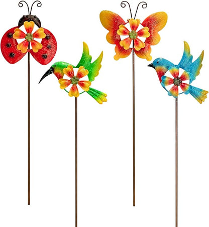 HUTHDAK 4 Pack Metal Animal Decorative Garden Stakes,Colorful Spring Outdoor Pinwheels,Cute Ladybugs Butterfly&Hummingbird Wind Spinners for Yard Art Outdoor Lawn Porch Pathway Decorations