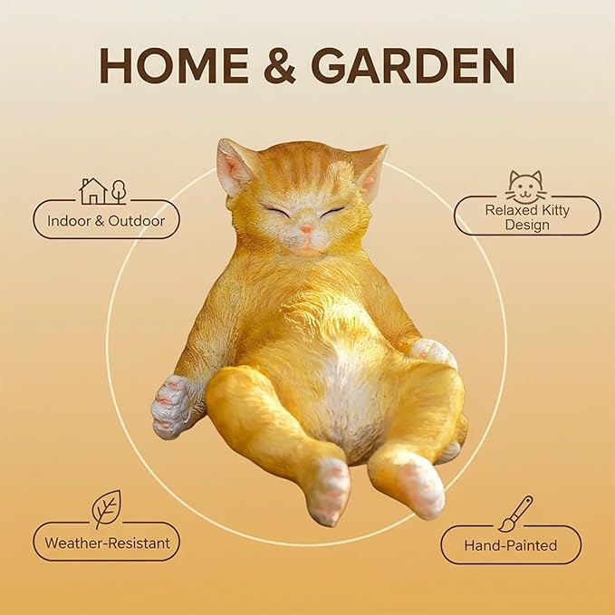 Orange Cat Garden Statue, Funny Resin Cat Figurine for Outdoor Indoor Decor, Cute Relaxing Cat Sculpture for Patio Yard Lawn Porch Shelf, Cat Lover Gift, Weather Resistant, 9.8" L x 5.9" W x 6.7" H