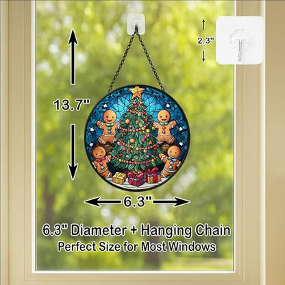 Stained Glass Window Hanging - 6.3in Gingerbread Men Decorating Christmas Tree Sun Catchers Panel for Indoor Decorative Display for Mom,Wife,Lovers,Festive