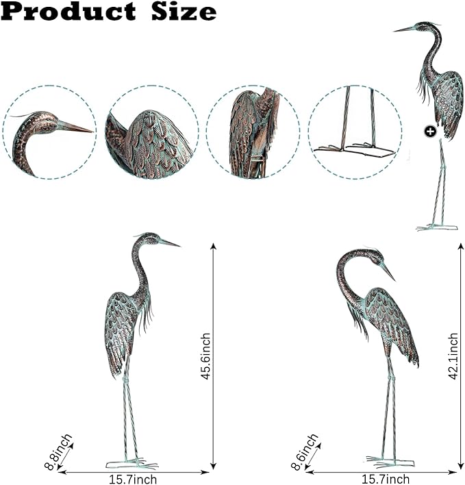 Kircust Garden Crane Statues, Standing Metal Patina Heron Decoy Outdoor Statue, 42-46 Inch Bird Yard Art for Patio Lawn Pond, Set of 2