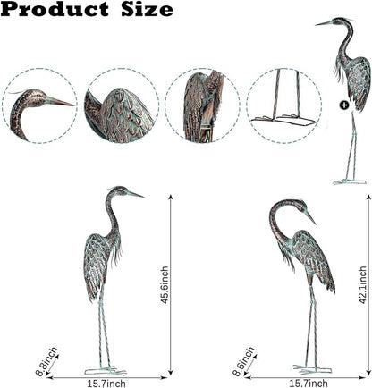 Kircust Garden Crane Statues, Standing Metal Patina Heron Decoy Outdoor Statue, 42-46 Inch Bird Yard Art for Patio Lawn Pond, Set of 2