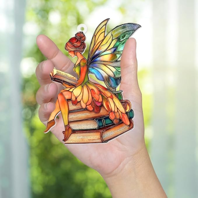 Reading Fairy Book Ornament – Stained Glass Style Acrylic Christmas Ornament, Book Lover Gift for Women, Teacher & Librarian Book Club Decorations, Fantasy Ornament Holiday Décor(Sun-15)