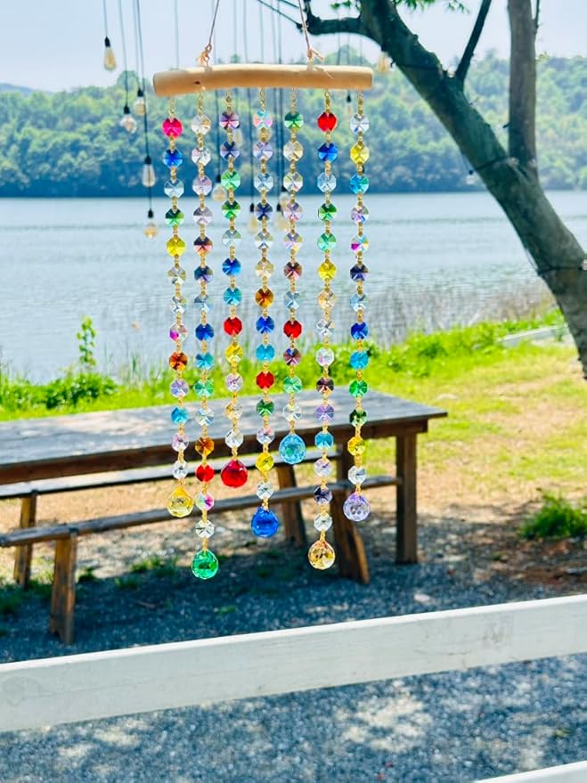 Crystal Suncatchers Window Crystals Hanging Suncatcher Colorful Glass Beads Chain Wind Chimes for Garden Outdoor Pendant Home Decor Gifts (Colorful Glass)
