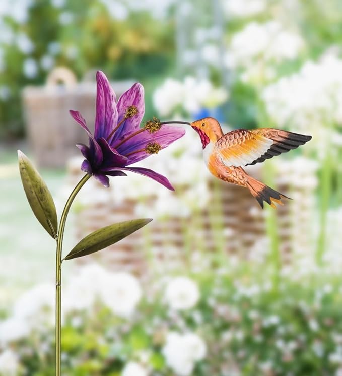 Regal Art & Gift Hummingbird Flower Garden Stake - Decorative Handcrafted Metal Sculpture, Elegant Outdoor Art for Patio, Lawn & Garden Décor - Rufous