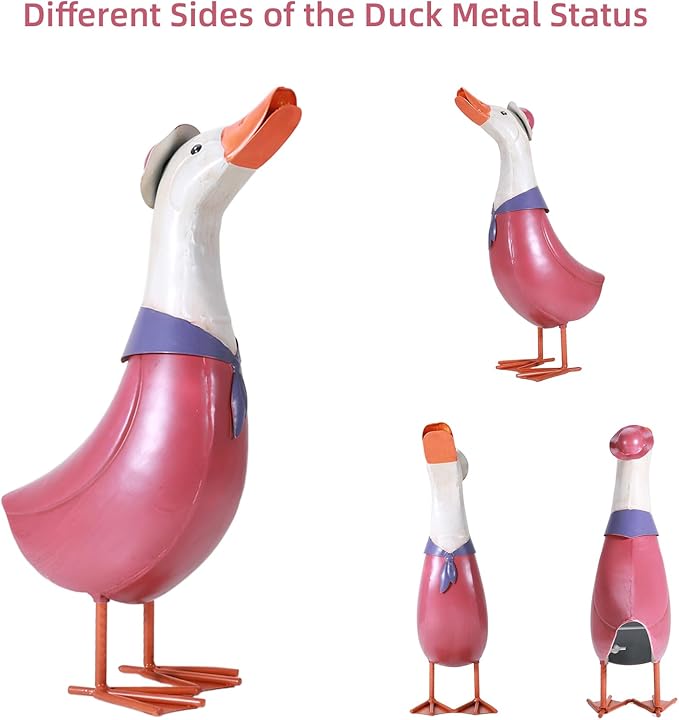 14" Retro Metal Porch Goose Statue for Yard and Garden,Heavy Duty Iron Pink Garden Statues for Outside Duck Decor,Cartoon Yard Statues Outdoor Goose Decor as Duck Gifts Easy to Assemble