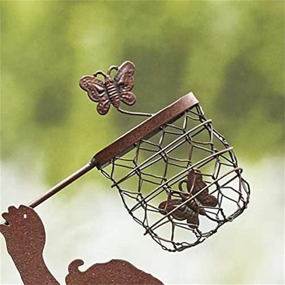 Boy Girl Silhouettes Chasing Butterfly Vintage Metal Garden Silhouette Sculpture, Yard Garden Metal Stake Rustic Decor Gift for Lawn Family Friends