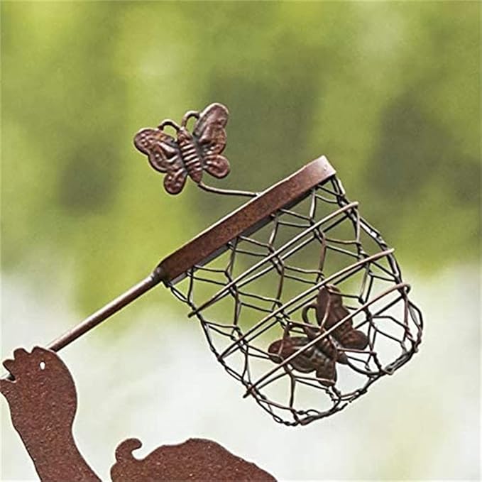 Boy Girl Silhouettes Chasing Butterfly Vintage Metal Garden Silhouette Sculpture, Yard Garden Metal Stake Rustic Decor Gift for Lawn Family Friends