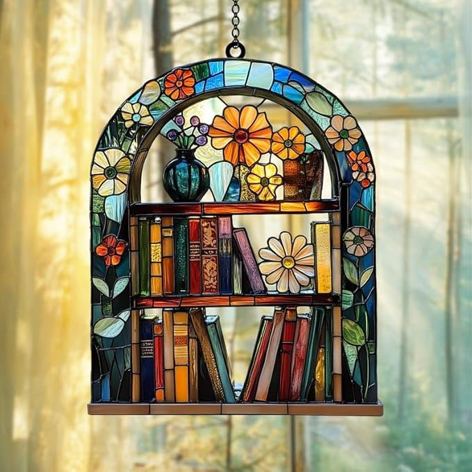 Floral Bookshelf Bookish Acrylic Suncatcher, Book Suncatchers for Window Hangings, Bookish Gifts for Readers Book Lovers Bookworm, Gift for Mother's Day, Women, Mom, Wife, Grandma