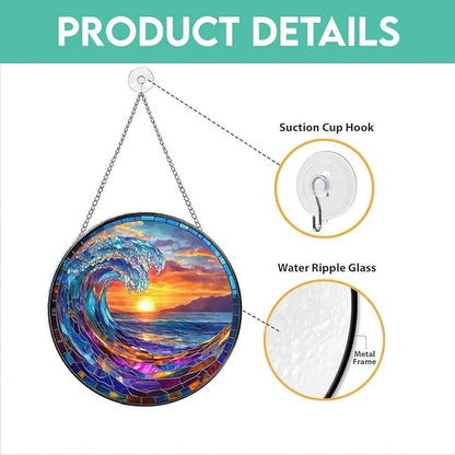 Stained Glass Window Hanging, Ocean Wave Sunset Sun Catchers 7.8 in Coastal Beach Glass Panel Suncatcher Decor for Birthday for Women, Men, Wife, and Mom