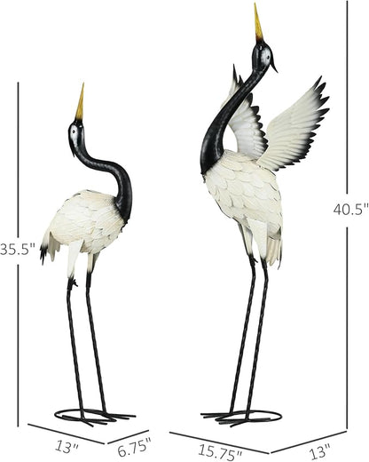 Outsunny Heron Garden Statues, 35.5" & 40.5" Standing Bird Sculptures, Metal Yard Art Decor for Lawn, Patio, Backyard, Landscape Decoration Set of 2, White & Black