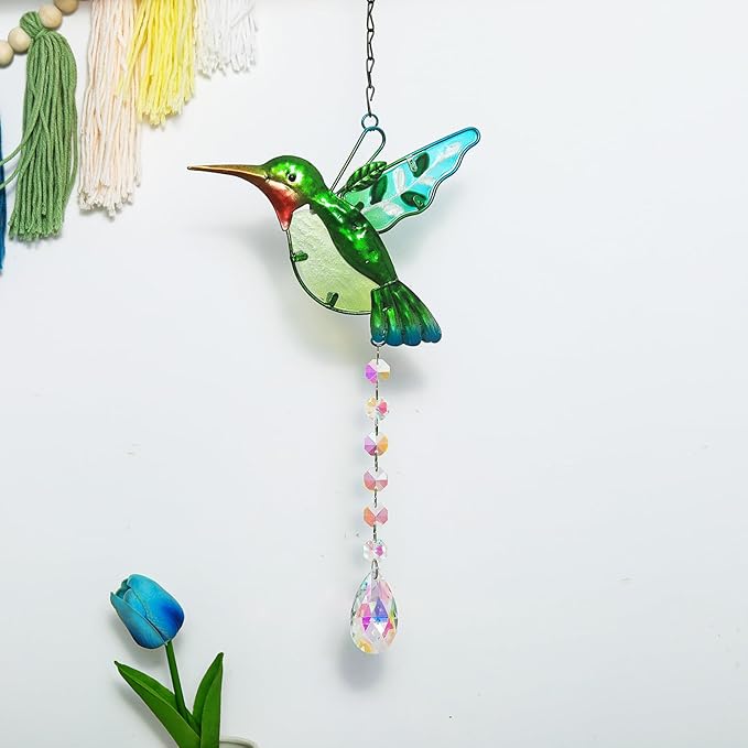 Hummingbird with Crystal Sun Catcher,Stained Glass Bird Suncatchers for Windows Hanging,Crystal Suncatcher Prism Hanging Ornament for Home Garden Party Decoration(Green)