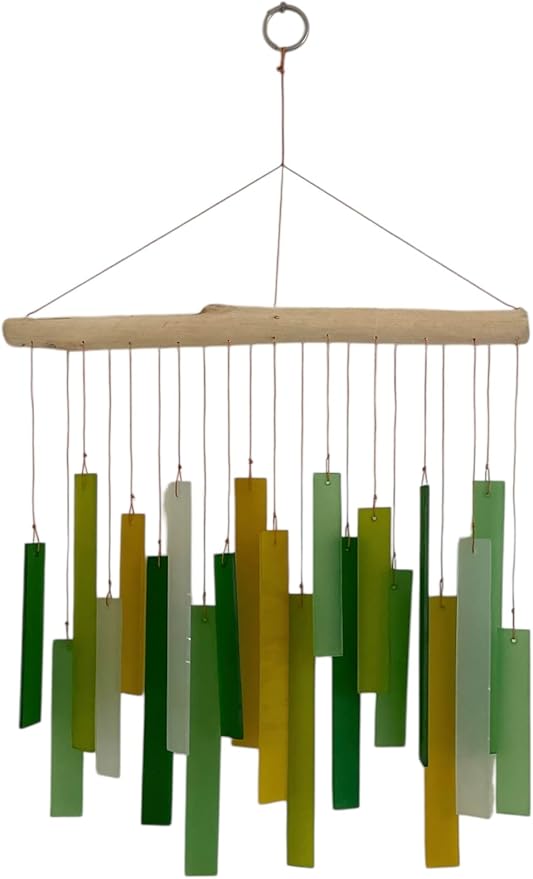 Glass Wind Chime, Large 20″ – Green Harmony Recycled Glass & Driftwood Hanging Chime for Porch, Patio & Home