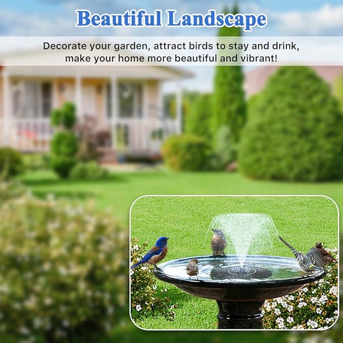 Solar Fountain Pump, Garden Bird Bath Solar Water Fountain Feature 1.5W Powered Pump Outdoor Waterfalls Freestanding with 8 Nozzles for Pond Pool Backyard Decor