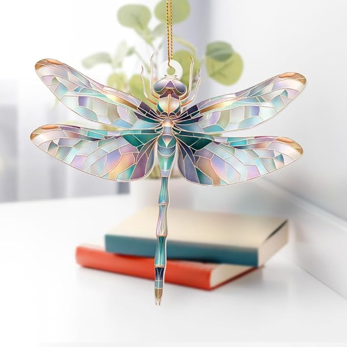 Dragonfly Ornament Stained Glass Style – Acrylic Window Hanging Suncatcher, Car Rearview Mirror Charm, Whimsical Holiday Christmas Tree Ornament, Unique Dragonfly Gifts for Women, Mom, Teacher(Sun-13)