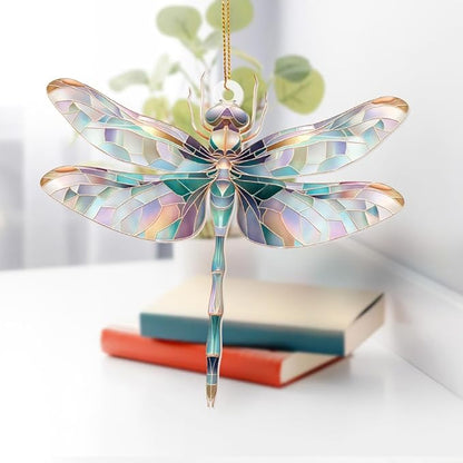 Dragonfly Ornament Stained Glass Style – Acrylic Window Hanging Suncatcher, Car Rearview Mirror Charm, Whimsical Holiday Christmas Tree Ornament, Unique Dragonfly Gifts for Women, Mom, Teacher(Sun-13)