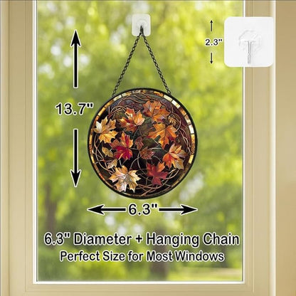 Round Autumn Maple Leaves Stained Glass Window Hanging Panel 6.3in – Elegant Fall Theme Suncatcher Wall Art for Home Window Decor and Gift