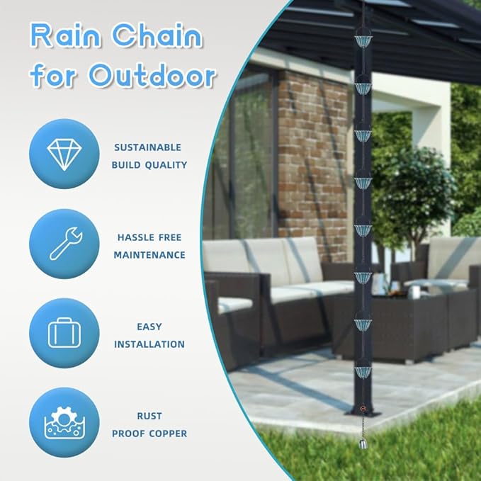 dreamysoul 7.05 FT Blue Rain Chain, 8 Cups Rain Chains for Outside, Replacement Downspout for Gutters, Eaves Drainage