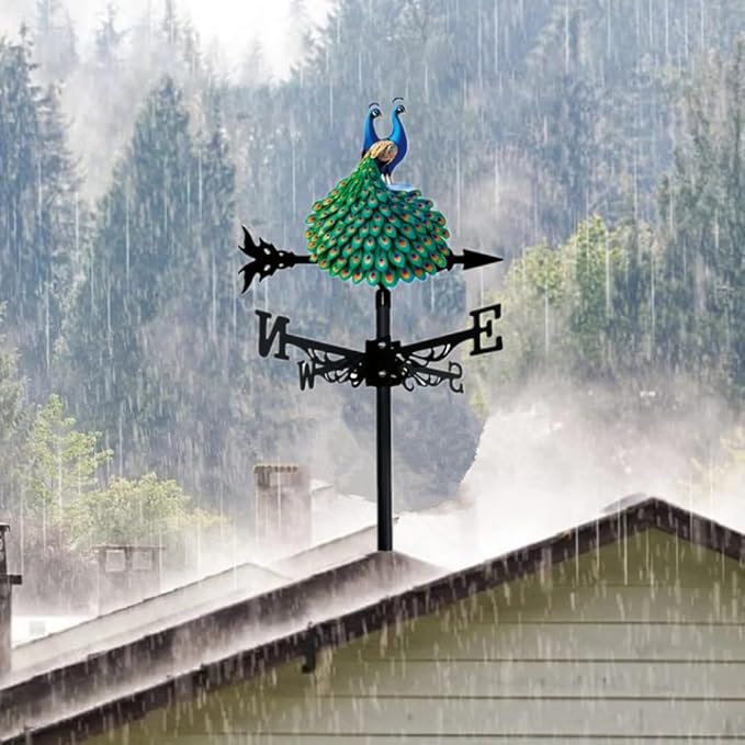 Colorful Rooster Weather Vane Spinner Wind Direction Farm Scene Stake Metal Outdoor Peacock Weathervane Ornament for Garden Yard Decoration (Rooster B)