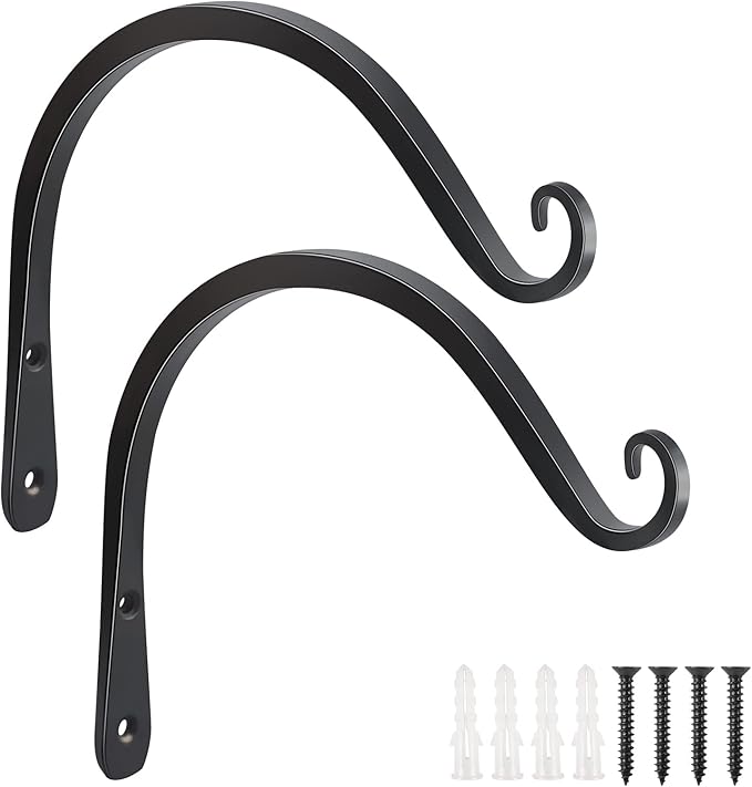 FEED GARDEN Heavy Duty Plant Hooks - 2 Pack 8 Inch Wall Mounted Hanging Brackets, 44lb Capacity Steel Plant Hangers for Bird Feeders, Baskets, Wind Chimes - Black
