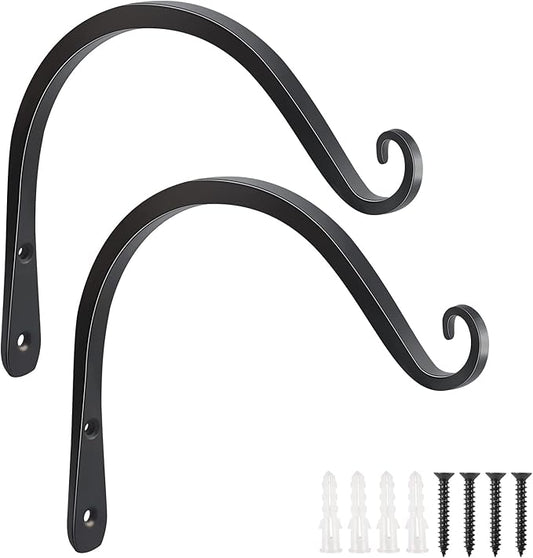 FEED GARDEN Heavy Duty Plant Hooks - 2 Pack 8 Inch Wall Mounted Hanging Brackets, 44lb Capacity Steel Plant Hangers for Bird Feeders, Baskets, Wind Chimes - Black