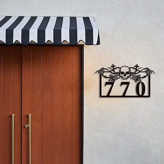Personalized Gothic House Number metal Signs,Custom Address Number Metal Wall Art Decor,Black Plaques Outdoor wall Decorative Signage,Shed(8-30 Inches) (Rose Skull)