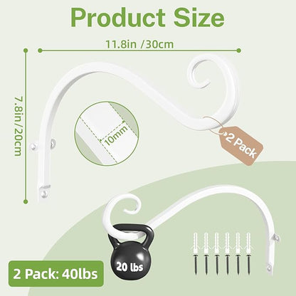 iDavosic.ly Plant Hangers Outdoor 2-Pack, 11.8 Inch Heavy Duty Iron Wall Brackets for Hanging Plants, Baskets, Bird Feeders, Lanterns, Wind Chimes, Indoor Metal Hooks for Garden Porch Patio, White
