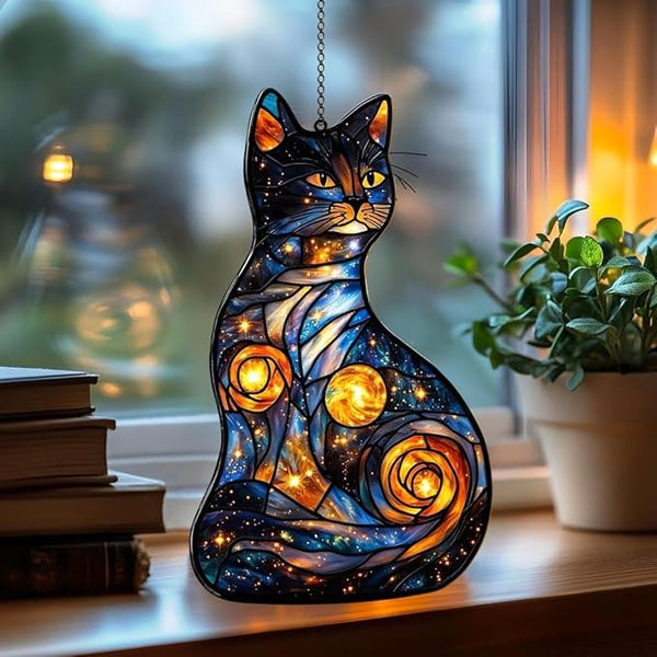 Celestial Cat Acrylic Suncatcher, Boho Suncatchers for Window Hanging Ornament, Stained Glass Effect Indoor Outdoor Garden Decor for Celestial Lover, Gifts for Mother's Day, Mom, Grandma, Wife, Women
