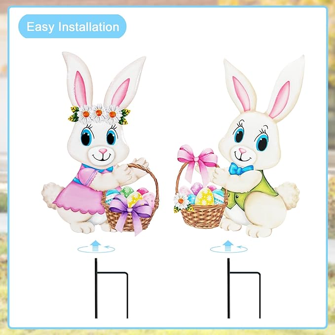 Easter Decorations Outdoor,2 Pack Metal Easter Egg Bunny Yard Signs for Outside,Cute Bunny Garden Stakes for Lawn,Yard,Rabbit Gifts for Women