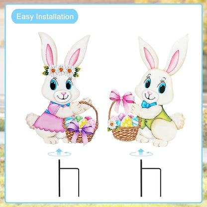 Easter Decorations Outdoor,2 Pack Metal Easter Egg Bunny Yard Signs for Outside,Cute Bunny Garden Stakes for Lawn,Yard,Rabbit Gifts for Women