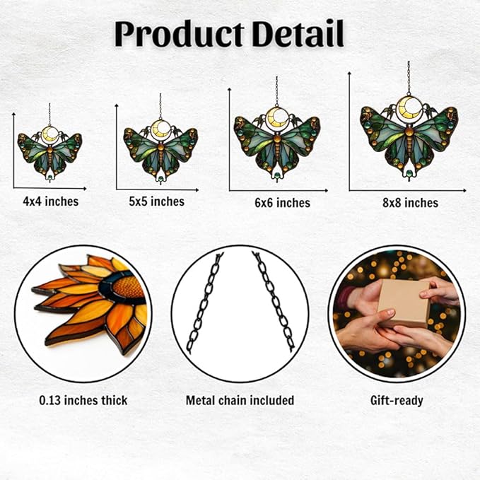 Cresent Moon Luna Moth Acrylic Suncatcher Stained Glass Effect Window Car Hanging Christmas Ornament Indoor Outdoor Decor Garden Sun Catcher Panel for Butterfly Lover for Women Mom Grandma