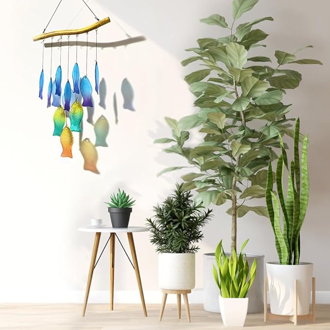 Vindar Sea Glass Wind Chimes for Outside, 28" Unique Schools of Fish Handmade Glass Wind Chimes, Hanging Windchimes for Garden Backyard Home Outdoor Decoration, Gift for Grandmother, Mother, Friends