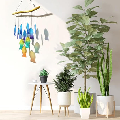 Vindar Sea Glass Wind Chimes for Outside, 28" Unique Schools of Fish Handmade Glass Wind Chimes, Hanging Windchimes for Garden Backyard Home Outdoor Decoration, Gift for Grandmother, Mother, Friends