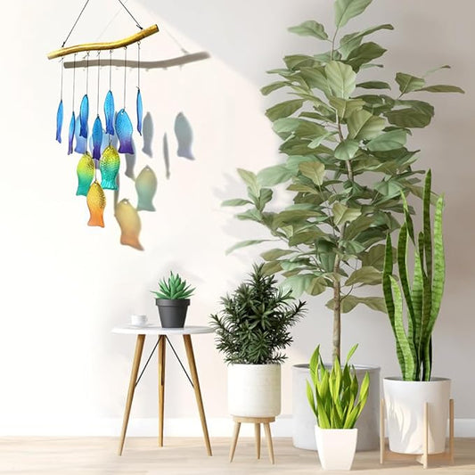 Vindar Sea Glass Wind Chimes for Outside, 28" Unique Schools of Fish Handmade Glass Wind Chimes, Hanging Windchimes for Garden Backyard Home Outdoor Decoration, Gift for Grandmother, Mother, Friends