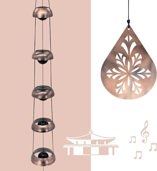 36" Copper Temple Wind Chimes with 5 Bells, Melodious Zen Feng Shui Wind Bells for Outside, Memorial Wind Chime Sympathy Gift with Unique Teardrop Floral Sail, Decorative Garden Decor for Yard Patio