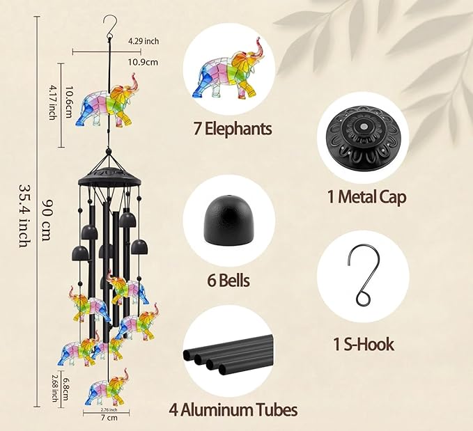 35.4" Elephant Wind Chimes for Outside, Metal Windchimes, Elephants Wind Chime Garden Decor, Mothers Day Birthday Memorial Gifts for Mom Grandma Wife, Durable Outdoors Decor