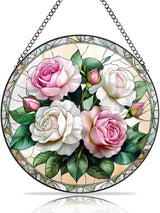 Handmade Rose Stained Glass Sun Catcher - Elegant Floral Window Hanging Ornament, Suncatcher for Home & Garden Decor, for Valentine's Day, Weddings & Mother's Day (Pink, 11.8 * 11.8IN)