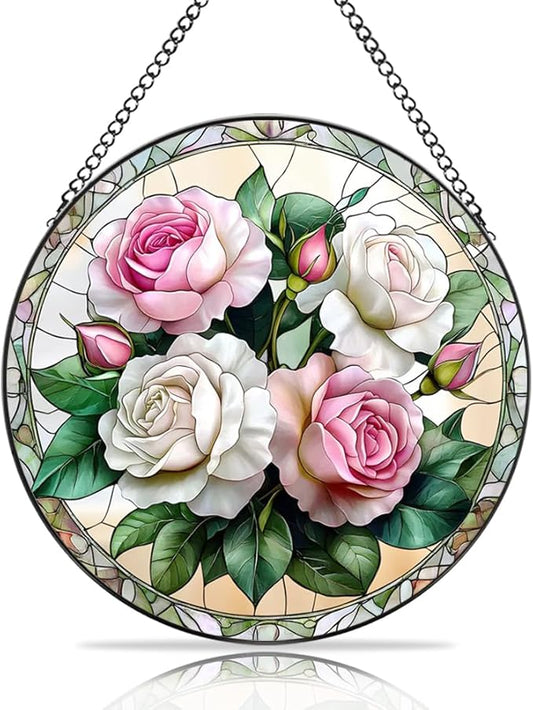 Handmade Rose Stained Glass Sun Catcher - Elegant Floral Window Hanging Ornament, Suncatcher for Home & Garden Decor, for Valentine's Day, Weddings & Mother's Day (Pink, 11.8 * 11.8IN)