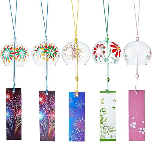 PH PandaHall 5 Styles Glass Wind Chimes Japanese Sakura Wind Chimes Round Clear Bells Outdoor Garden Hanging Ornaments for Patio Wedding Home Christmas Holiday Decoration