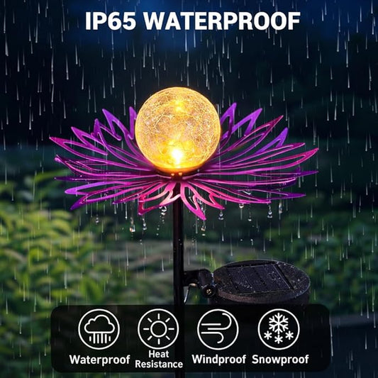 Solar Garden Lights Outdoor Decor, Metal Flower Solar Stake Light with Warm White Crackle Glass, Waterproof Yard Art Ornament for Patio Lawn Backyard, Unique Gardening Gifts for Women (Purple)