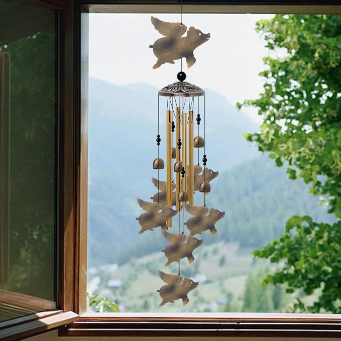 Flying Pigs Wind Chimes Outdoor Decor - with 6 Bells 7 Pigs Wind Chimes, Mobile Romantic Fly Pigs Wind Catcher, Bronze Pigs Wind Bells for Home, Mom Gifts, Balcony, Tree, Festival, Garden Decoration