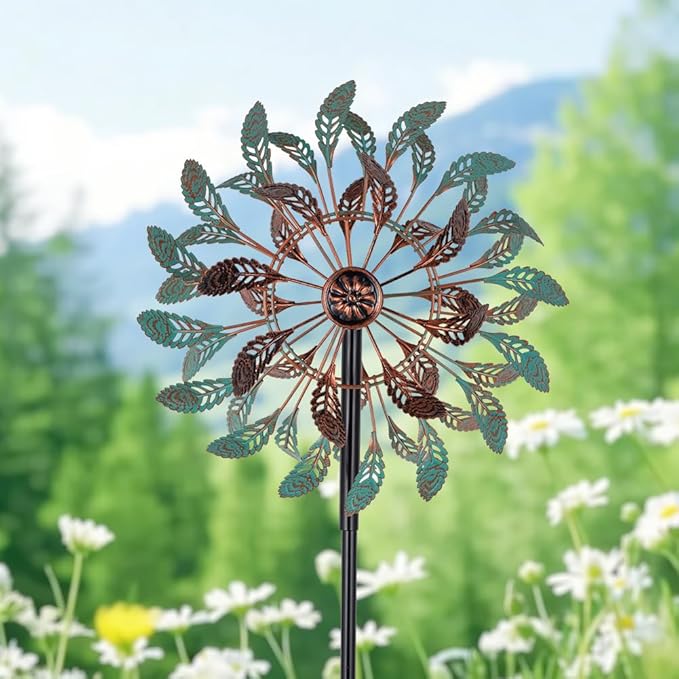 DREAMSOUL 13" Dia Vintage Wind Spinners Outdoor 360° Rotation Wind Spinner with 5 Prongs Stake, Metal Kinetic Windmill for Yard Garden Decor