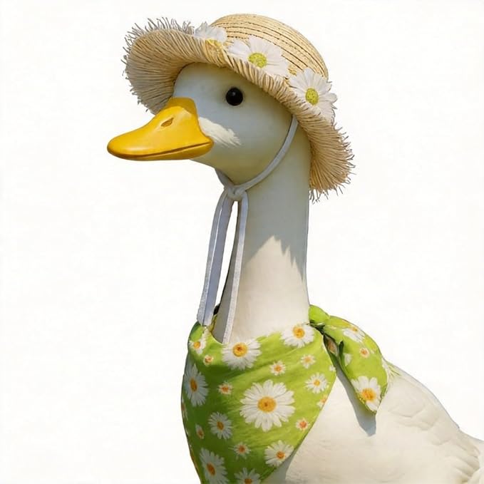 Summer Porch Goose Outfits Daisy Flower Goose Outfit Spring Geese Clothes Costume with Straw Hat Scarf for 17-23" Lawn Cement Plastic Geese Statue for Garden Yard Decor Accessories(Green)