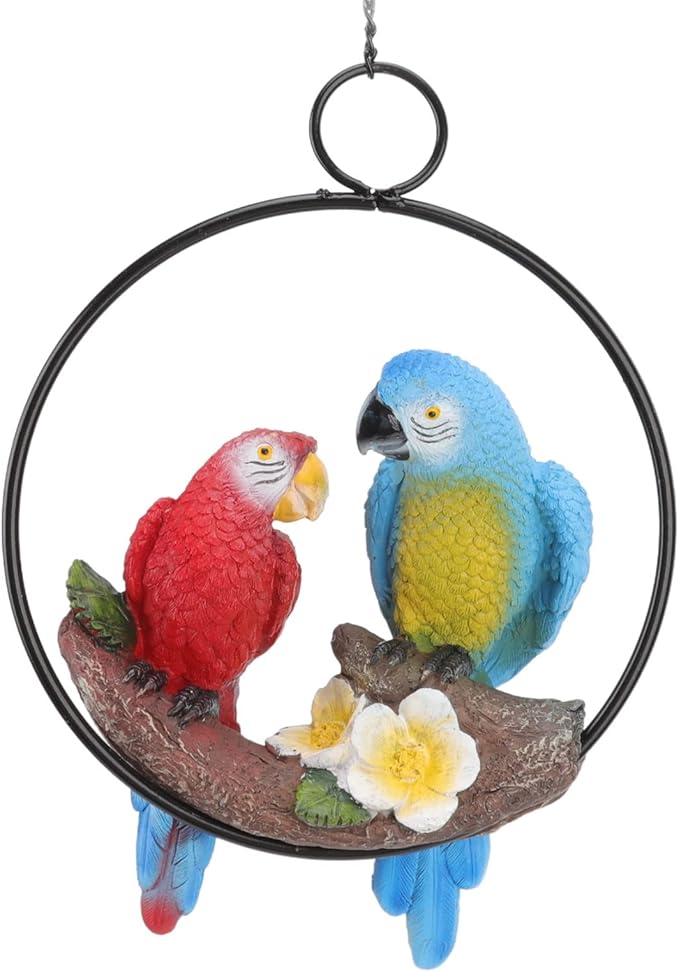 Parrots Hanging Statue,Garden Iron ringsParrots Pendant, Bird Model Crafts Courtyard Balcony Decorations,Small Red Blue Macaw for Patio Garden Lawn Window Tree