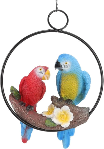 Keebgyy Metal Birds Outdoor Decor, Parrots Hanging Statue, Garden Iron Rings Parrots Pendant Resins Bird Model Crafts Courtyard Balcony Decorations Small Red Blue Macaw, Macaw Model Pendant Red